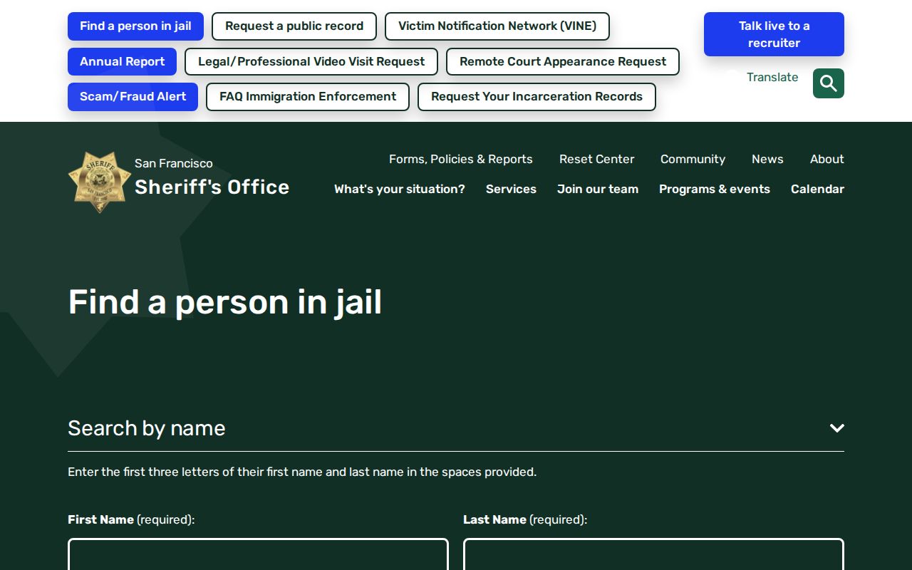 San Francisco Sheriff Find a Person in Jail search interface