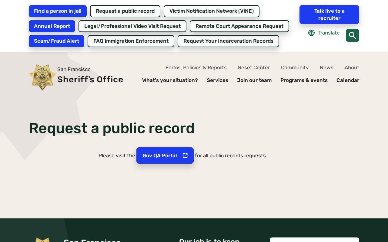 San Francisco Sheriff public records request page