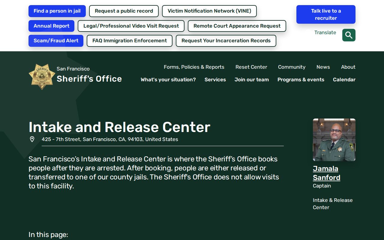 San Francisco Sheriff Intake and Release Center information page