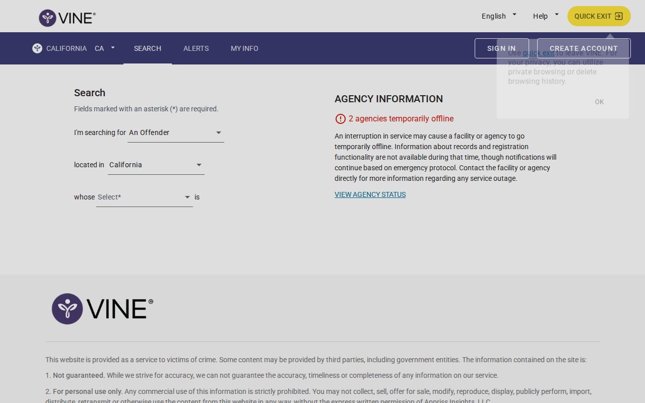 California VINELink person custody search screen